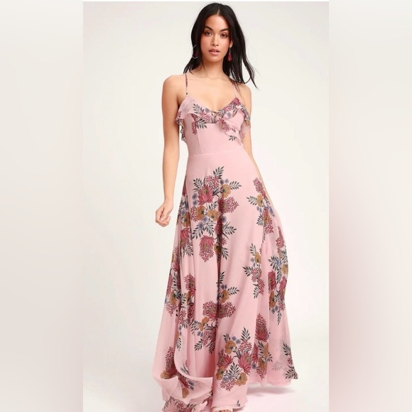 423. LULUS Roma Blush Floral Print Lace-Up Maxi Dress. NWT! - Picture 2 of 6